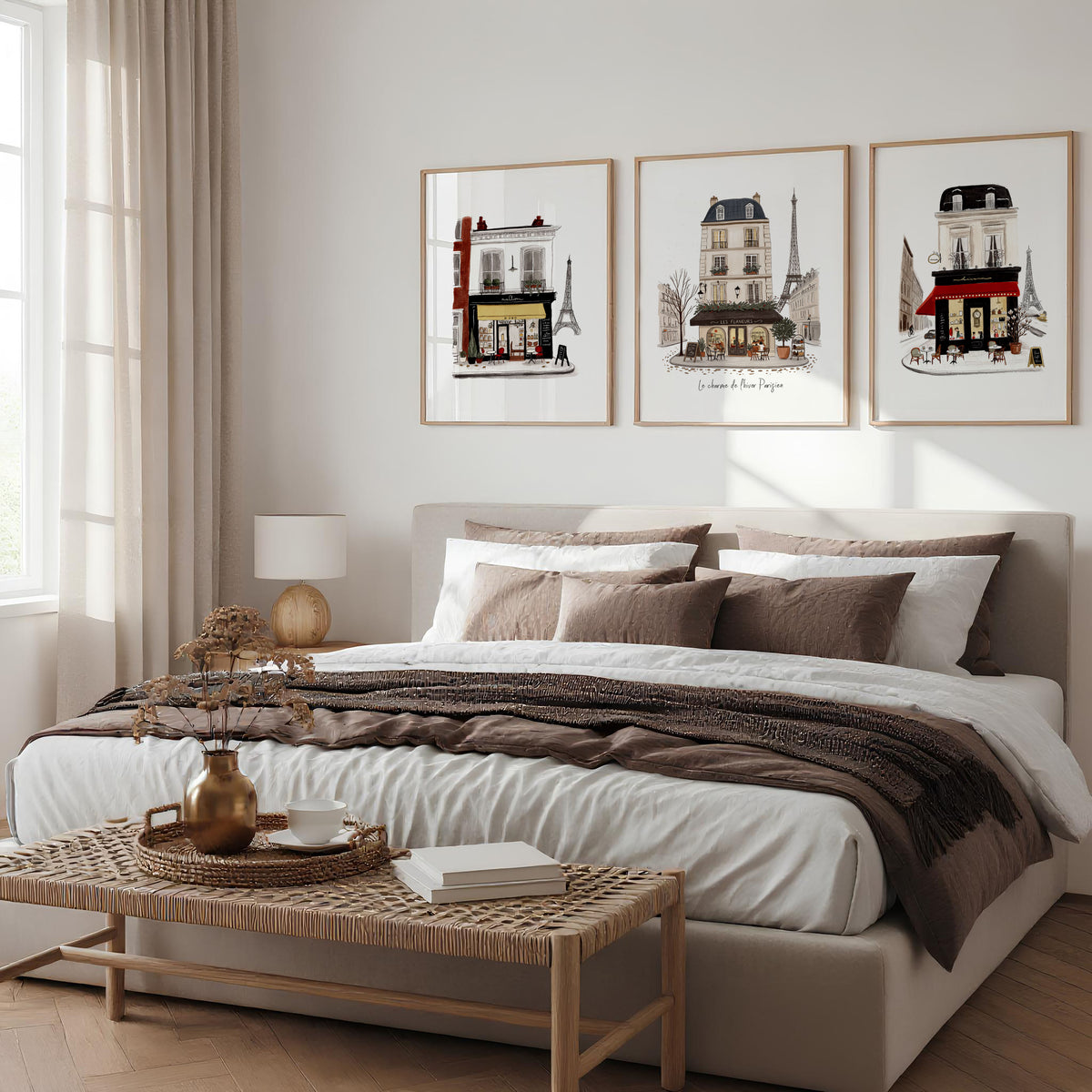 Vintage Travel Paris wall art | "Le Charme de l'Hiver Parisien" Parisian Café Street Scene displayed on a wall in a styled room — view 4