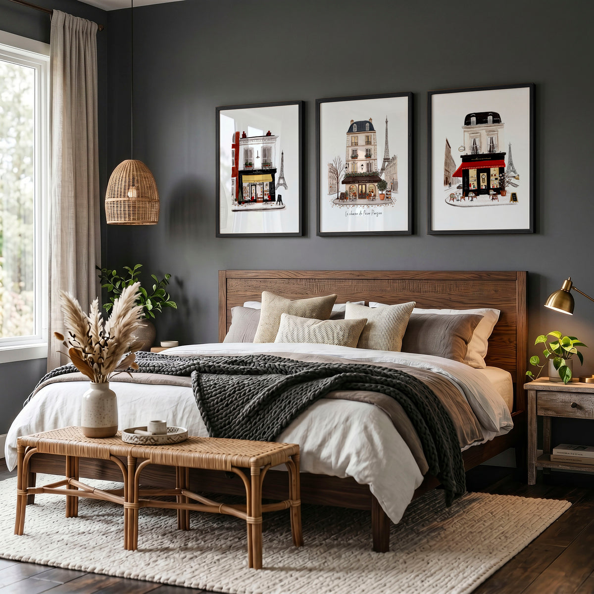 Vintage Travel Paris wall art | "Le Charme de l'Hiver Parisien" Parisian Café Street Scene displayed on a wall in a styled room — view 5