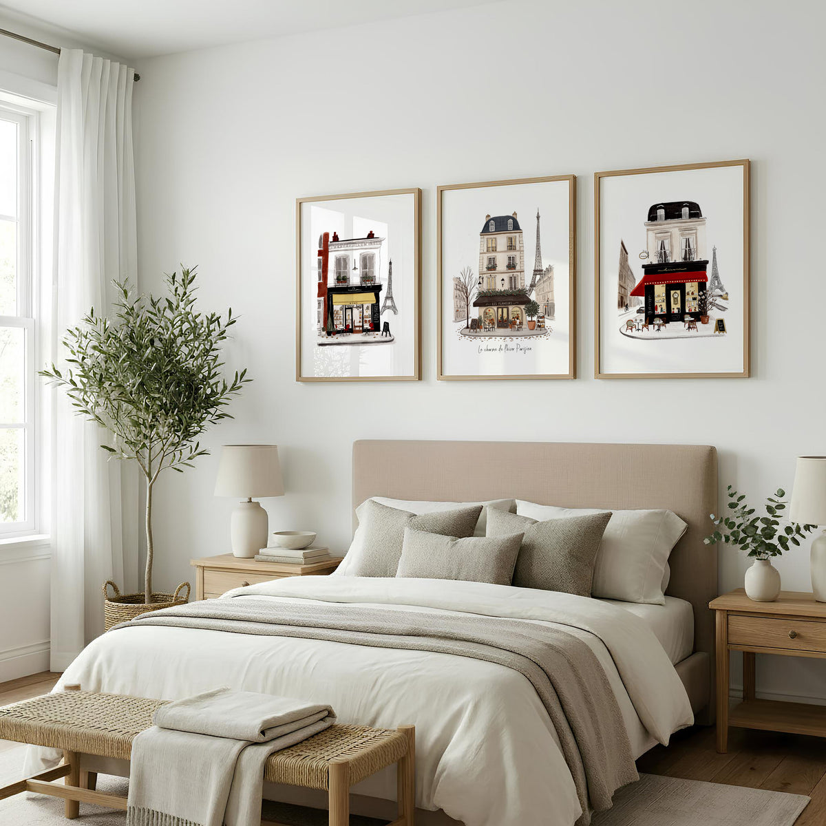 Vintage Travel Paris wall art | "Le Charme de l'Hiver Parisien" Parisian Café Street Scene displayed on a wall in a styled room — view 6