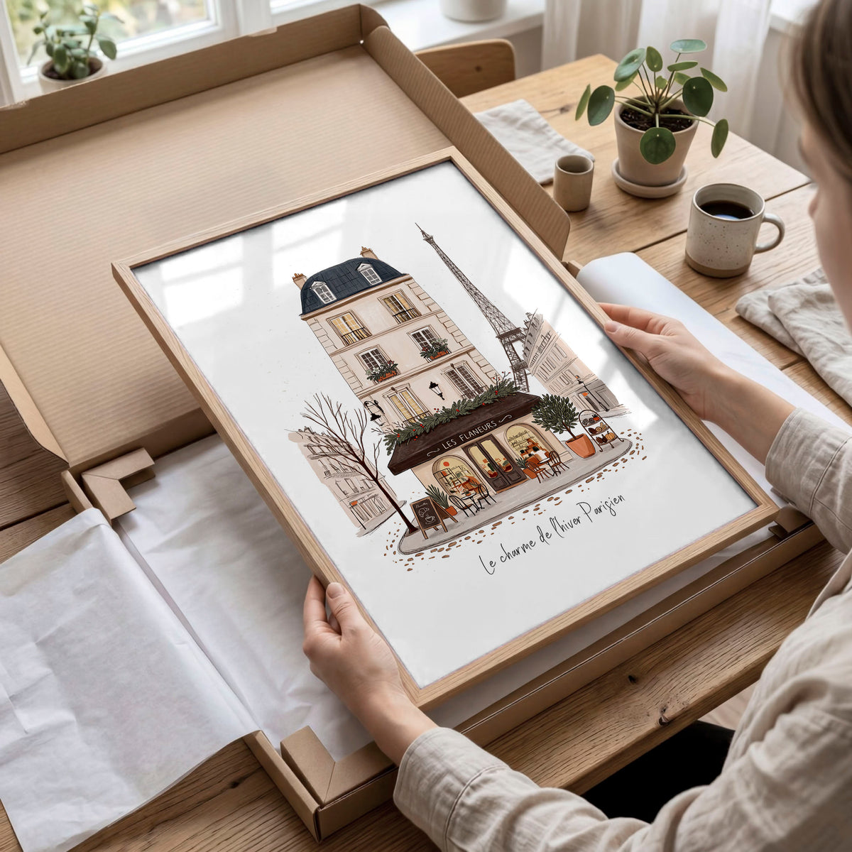 Vintage Travel Paris wall art | "Le Charme de l'Hiver Parisien" Parisian Café Street Scene displayed on a wall in a styled room — view 9