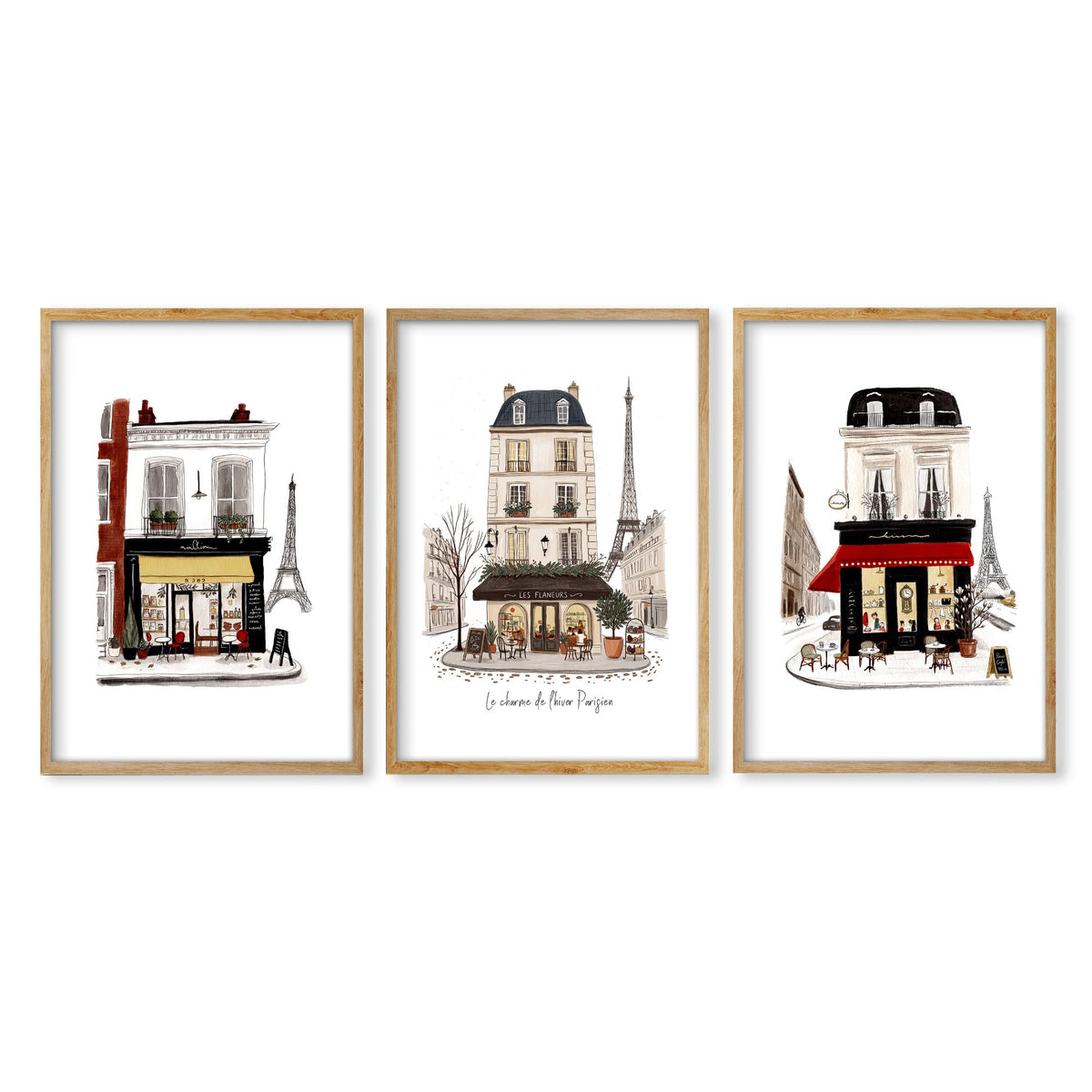 Vintage Travel Paris wall art | "Le Charme de l'Hiver Parisien" Parisian Café Street Scene in an oak frame