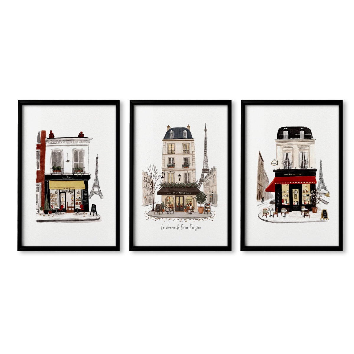 Vintage Travel Paris Wall Art Prints | "Le Charme de l'Hiver Parisien" Parisian Café Street Scene | Set of 3