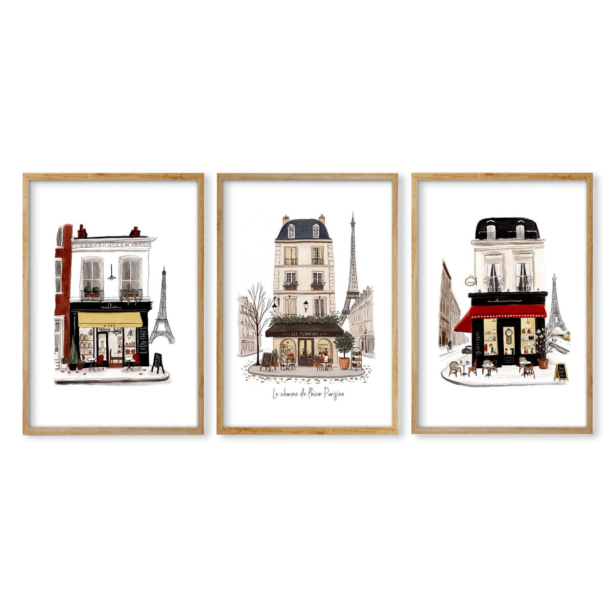 Vintage Travel Paris Wall Art Prints | "Le Charme de l'Hiver Parisien" Parisian Café Street Scene | Set of 3