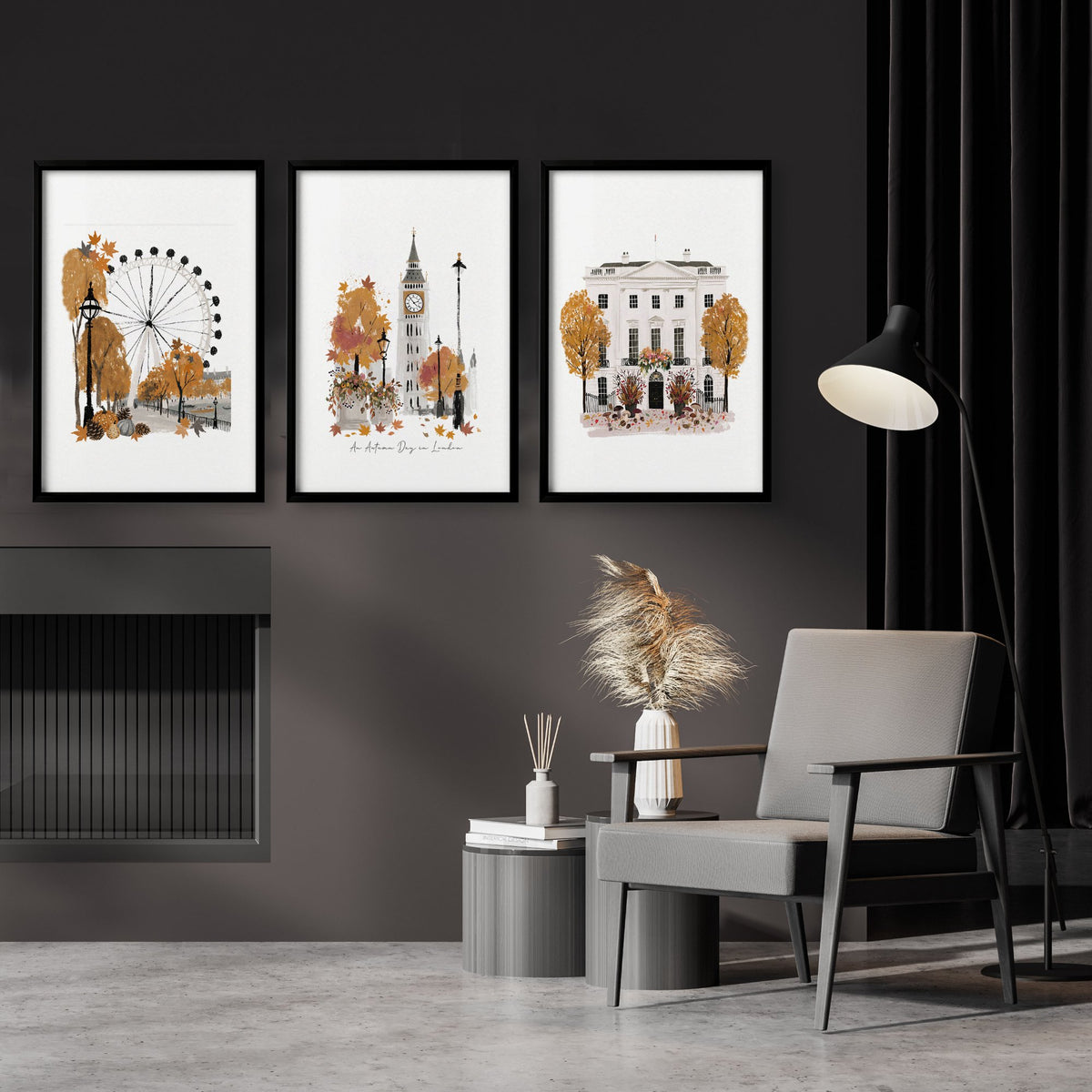 Vintage Travel Posters "An Autumn Day in London" wall art displayed on a wall in a styled room — view 3