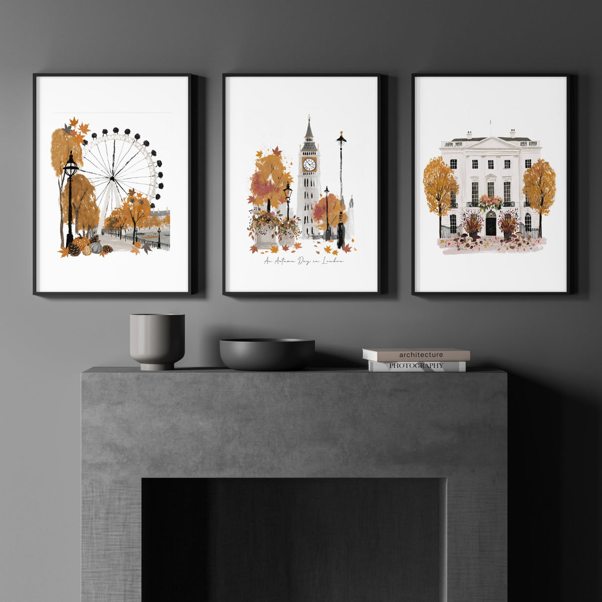 Vintage Travel Posters "An Autumn Day in London" wall art displayed on a wall in a styled room — view 5