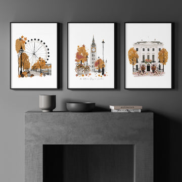 Vintage Travel Posters "An Autumn Day in London" wall art displayed on a wall in a styled room — view 5