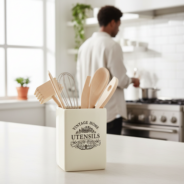 Vintage Home Square Cream Utensil Holder With 6 Utensils