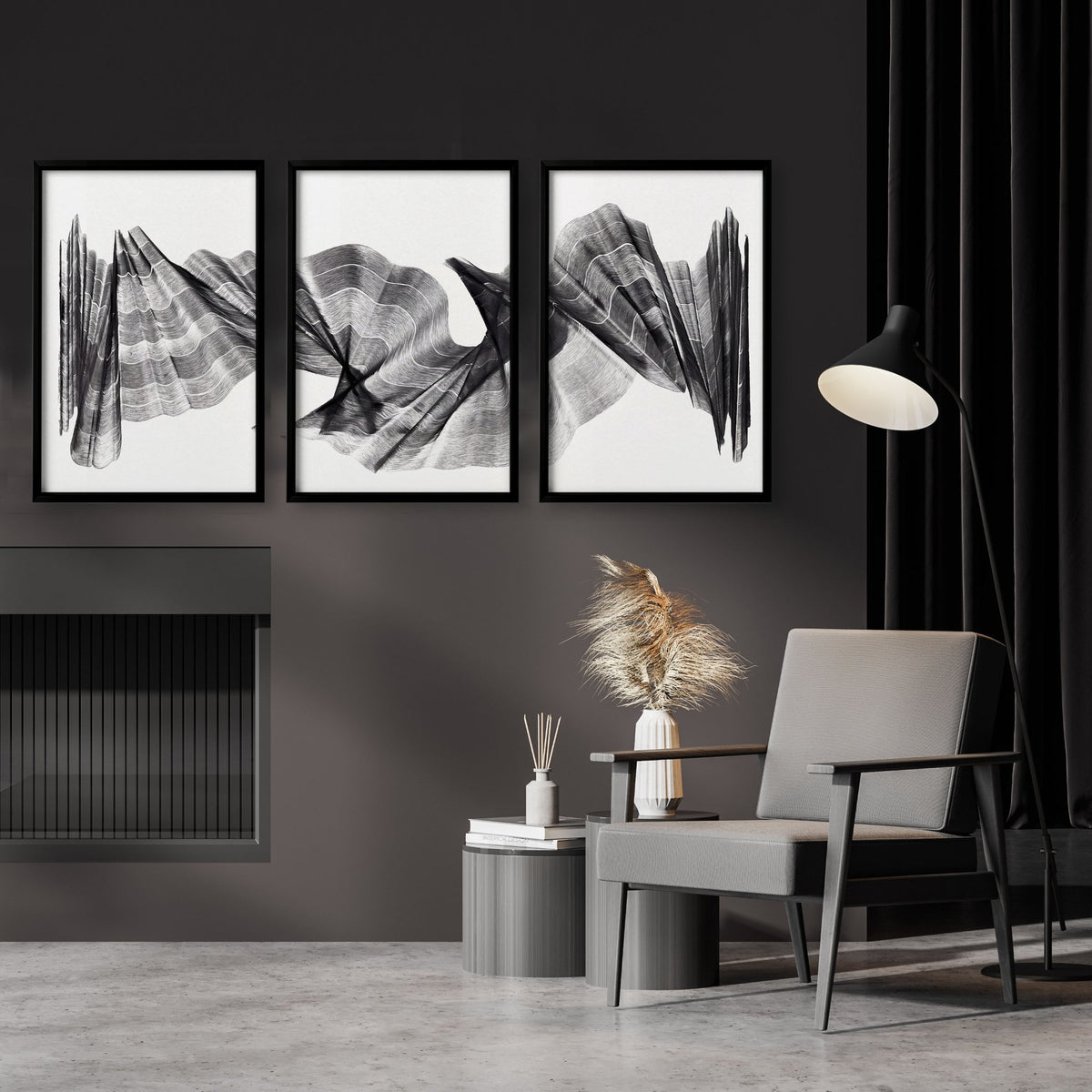 Wall Abstract Painting Charcoal Flowing Waves Minimalist Art wall art displayed on a wall in a styled room — view 2