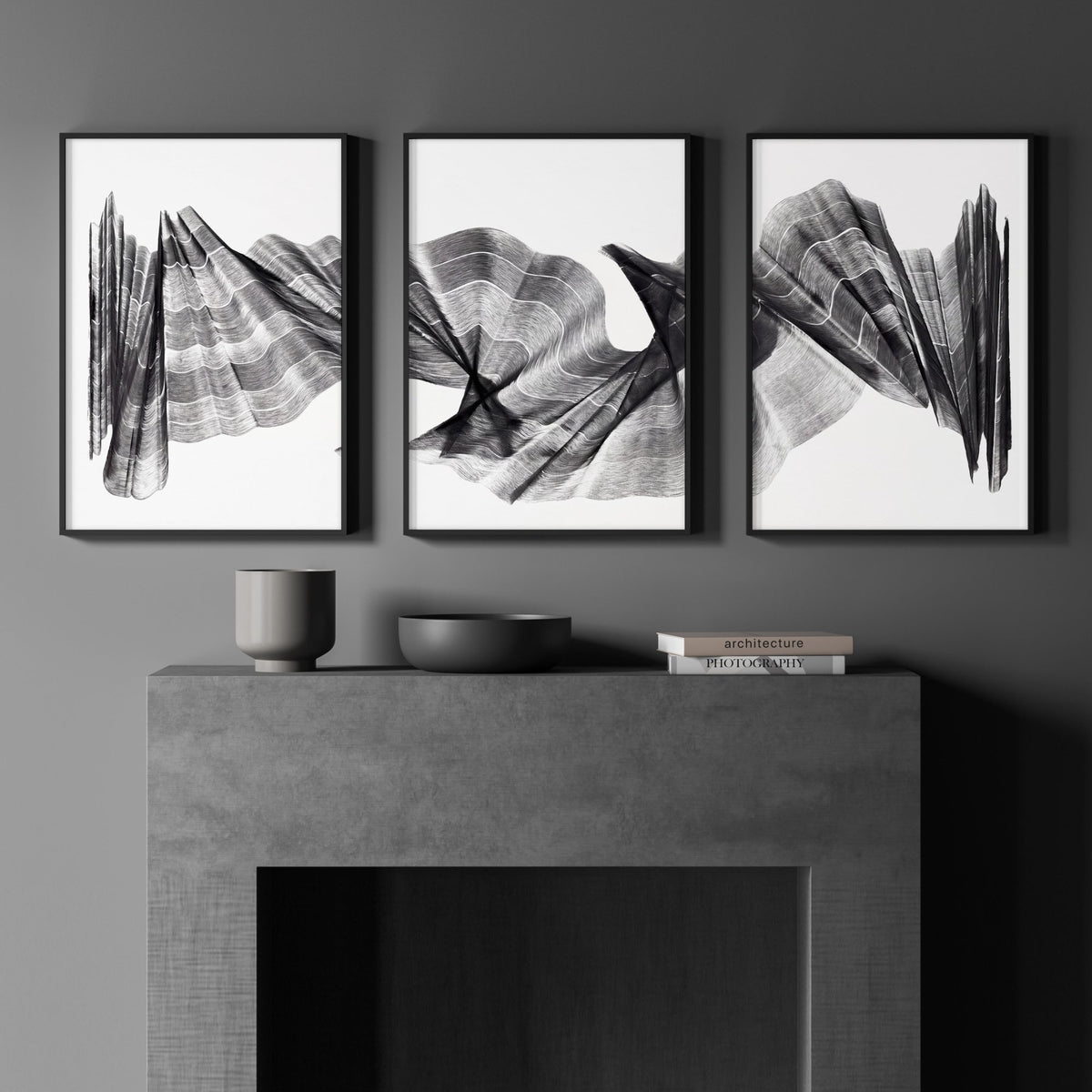 Wall Abstract Painting Charcoal Flowing Waves Minimalist Art wall art displayed on a wall in a styled room — view 3