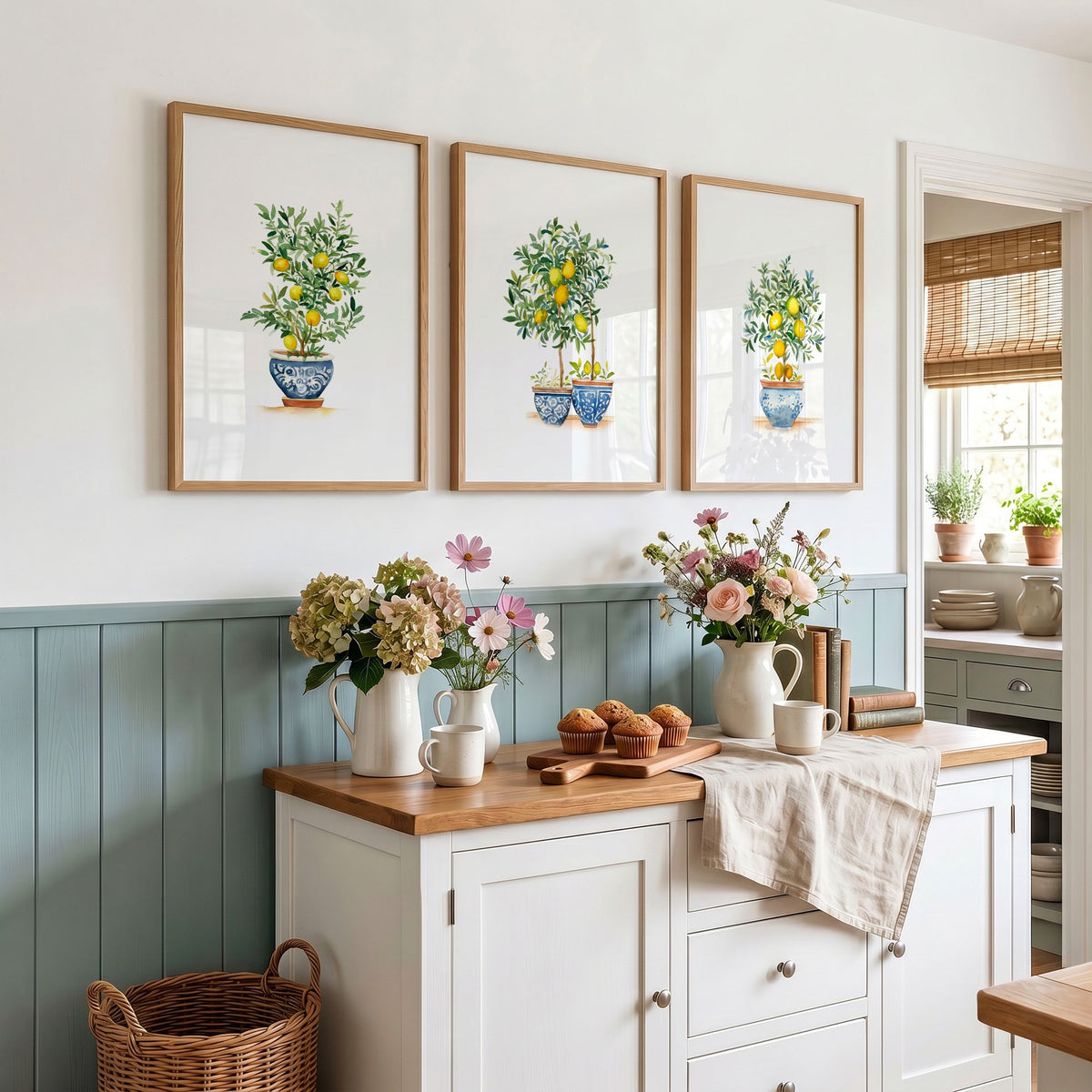 Wall Accessories for Kitchen Watercolour Lemon Tree Blue Pot French Country Art wall art displayed on a wall in a styled room