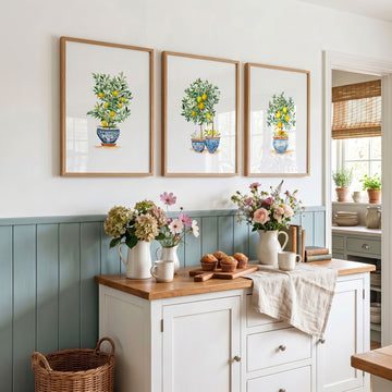Wall Accessories for Kitchen Watercolour Lemon Tree Blue Pot French Country Art wall art displayed on a wall in a styled room