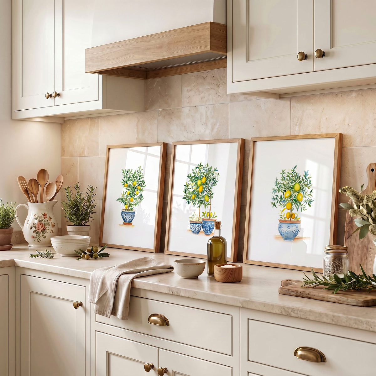 Wall Accessories for Kitchen Watercolour Lemon Tree Blue Pot French Country Art wall art displayed on a wall in a styled room — view 3