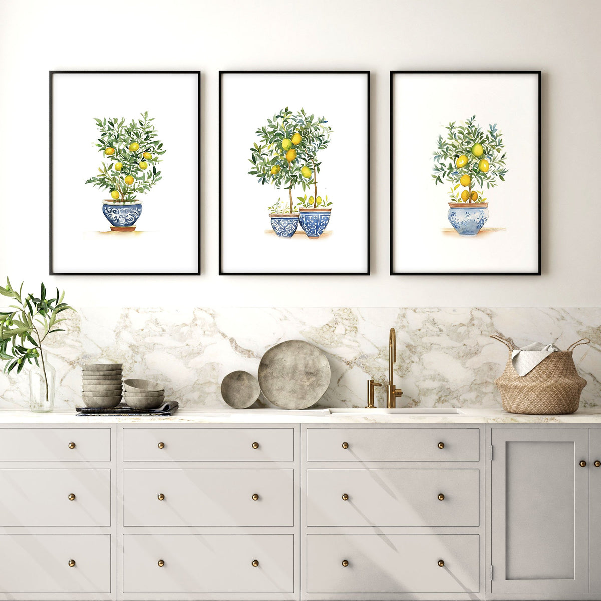Wall Accessories for Kitchen Watercolour Lemon Tree Blue Pot French Country Art wall art displayed on a wall in a styled room — view 4