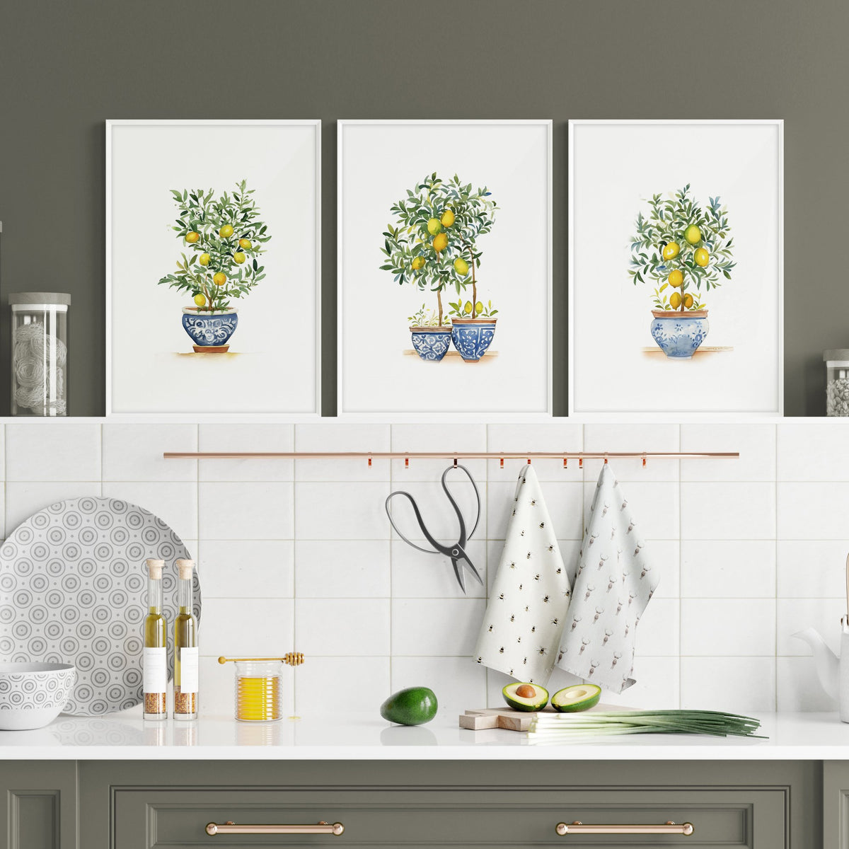 Wall Accessories for Kitchen Watercolour Lemon Tree Blue Pot French Country Art wall art displayed on a wall in a styled room — view 5