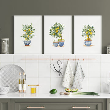 Wall Accessories for Kitchen Watercolour Lemon Tree Blue Pot French Country Art wall art displayed on a wall in a styled room — view 5