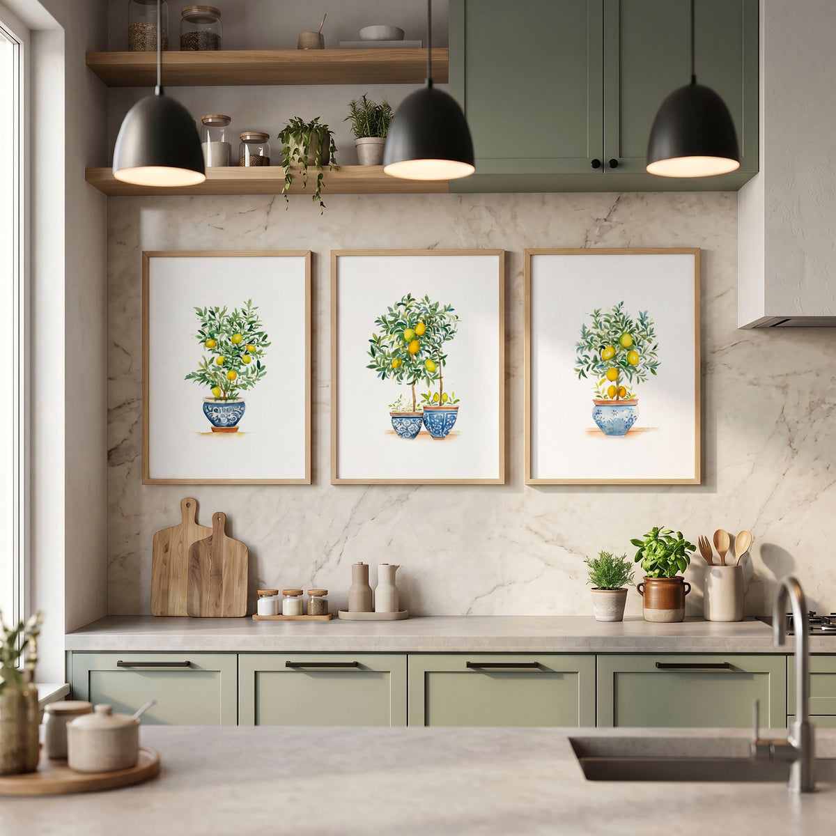 Wall Accessories for Kitchen Watercolour Lemon Tree Blue Pot French Country Art wall art displayed on a wall in a styled room — view 7