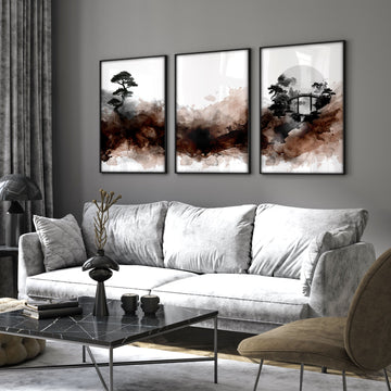 Japandi Japanese Ink Wash Wall Art Canvas for Living Room | Bonsai, Bridge & Moon Brown Tones displayed on a wall in a styled room