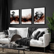 Japandi Japanese Ink Wash Wall Art Canvas for Living Room | Bonsai, Bridge & Moon Brown Tones displayed on a wall in a styled room — view 10