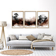 Japandi Japanese Ink Wash Wall Art Canvas for Living Room | Bonsai, Bridge & Moon Brown Tones displayed on a wall in a styled room — view 11