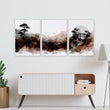 Japandi Japanese Ink Wash Wall Art Canvas for Living Room | Bonsai, Bridge & Moon Brown Tones displayed on a wall in a styled room — view 12
