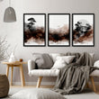 Japandi Japanese Ink Wash Wall Art Canvas for Living Room | Bonsai, Bridge & Moon Brown Tones displayed on a wall in a styled room — view 13