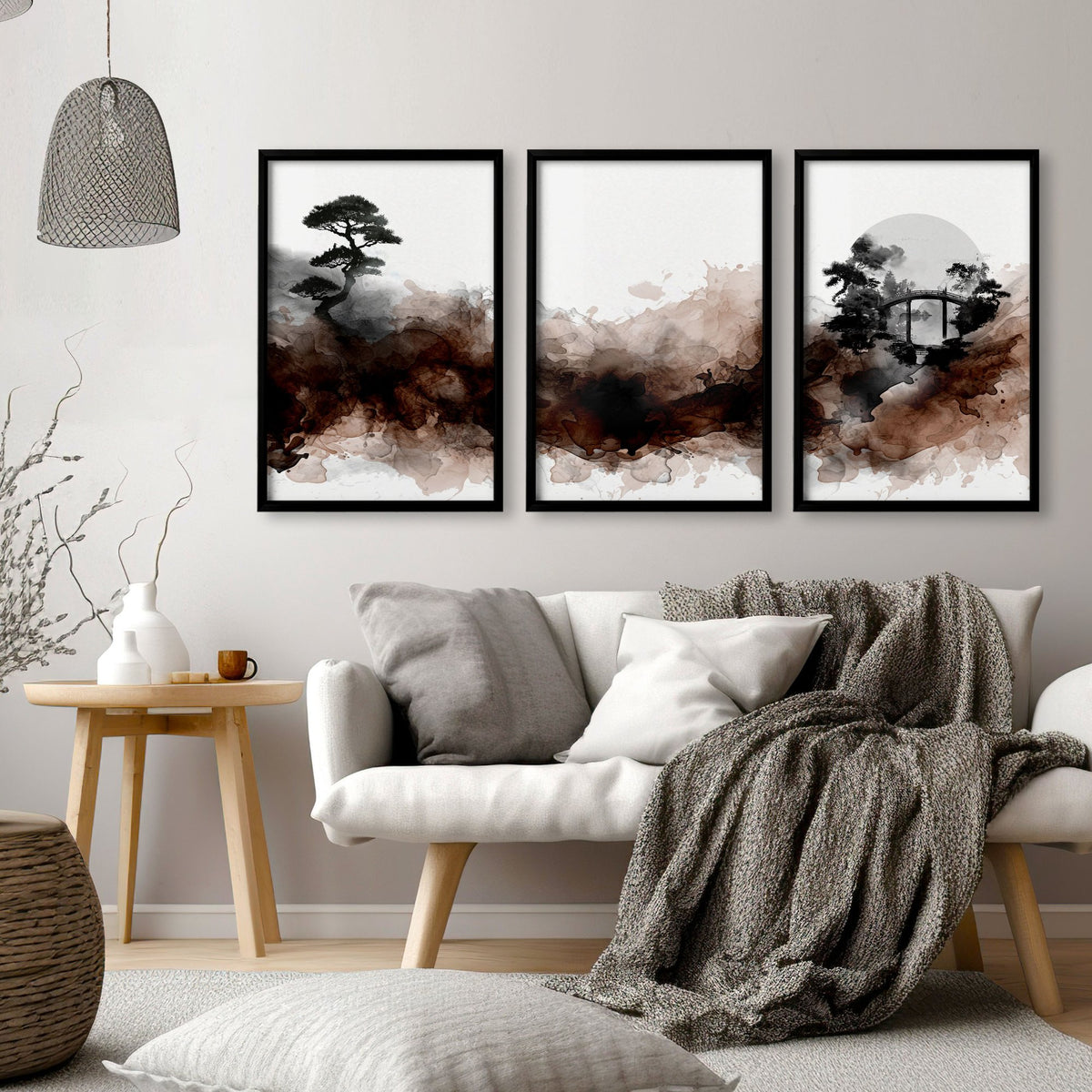 Japandi Japanese Ink Wash Wall Art Canvas for Living Room | Bonsai, Bridge & Moon Brown Tones displayed on a wall in a styled room — view 13