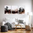 Japandi Japanese Ink Wash Wall Art Canvas for Living Room | Bonsai, Bridge & Moon Brown Tones displayed on a wall in a styled room — view 14
