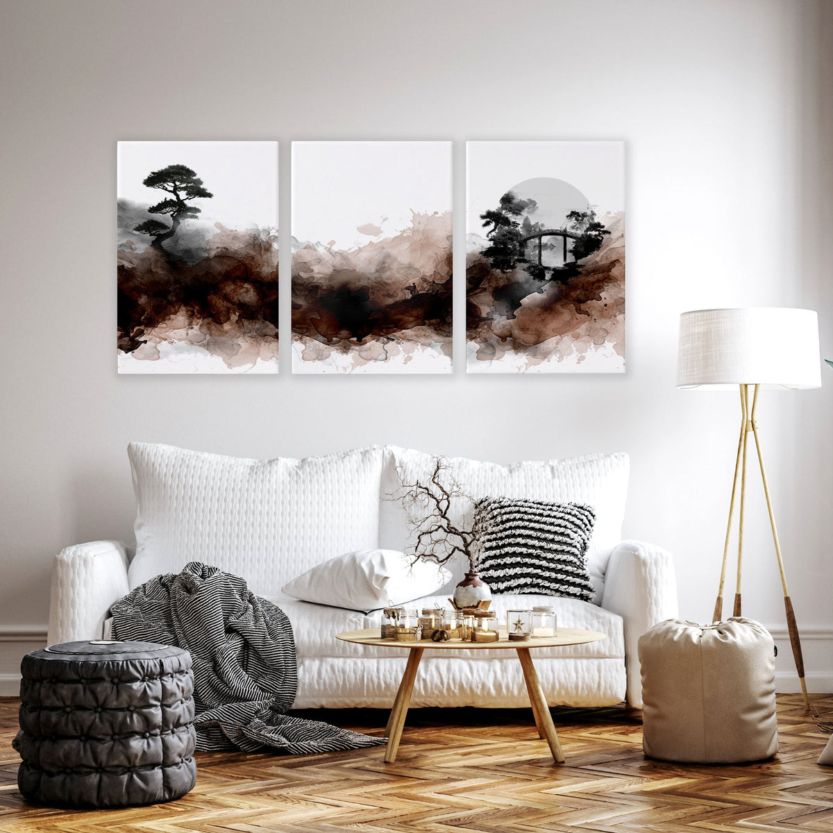 Japandi Japanese Ink Wash Wall Art Canvas for Living Room | Bonsai, Bridge & Moon Brown Tones displayed on a wall in a styled room — view 14