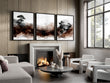 Japandi Japanese Ink Wash Wall Art Canvas for Living Room | Bonsai, Bridge & Moon Brown Tones displayed on a wall in a styled room — view 15