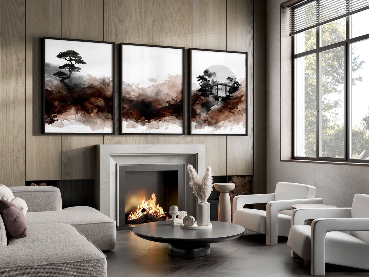 Japandi Japanese Ink Wash Wall Art Canvas for Living Room | Bonsai, Bridge & Moon Brown Tones displayed on a wall in a styled room — view 15