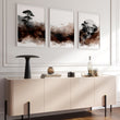 Japandi Japanese Ink Wash Wall Art Canvas for Living Room | Bonsai, Bridge & Moon Brown Tones displayed on a wall in a styled room — view 16