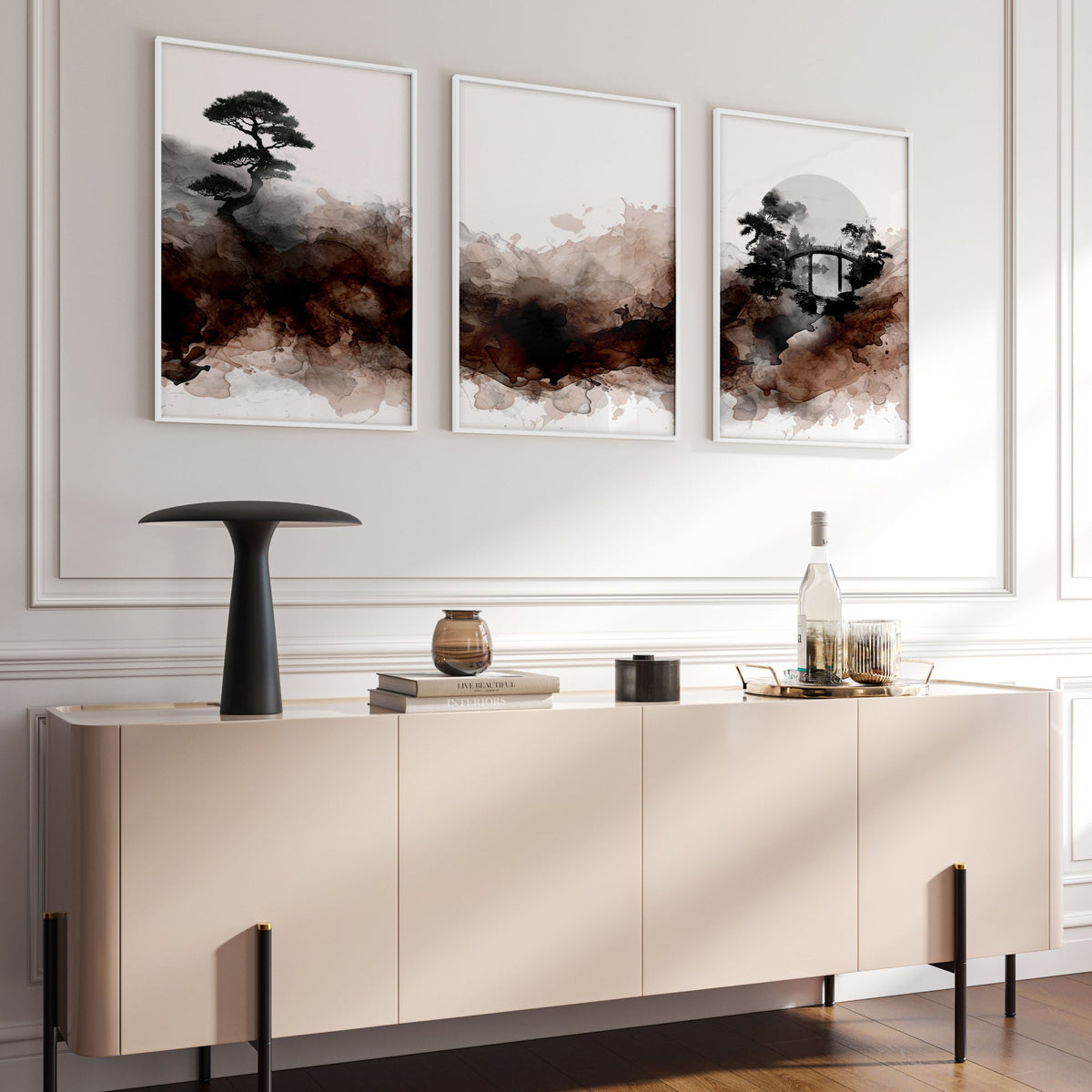 Japandi Japanese Ink Wash Wall Art Canvas for Living Room | Bonsai, Bridge & Moon Brown Tones displayed on a wall in a styled room — view 16
