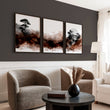 Japandi Japanese Ink Wash Wall Art Canvas for Living Room | Bonsai, Bridge & Moon Brown Tones displayed on a wall in a styled room — view 2