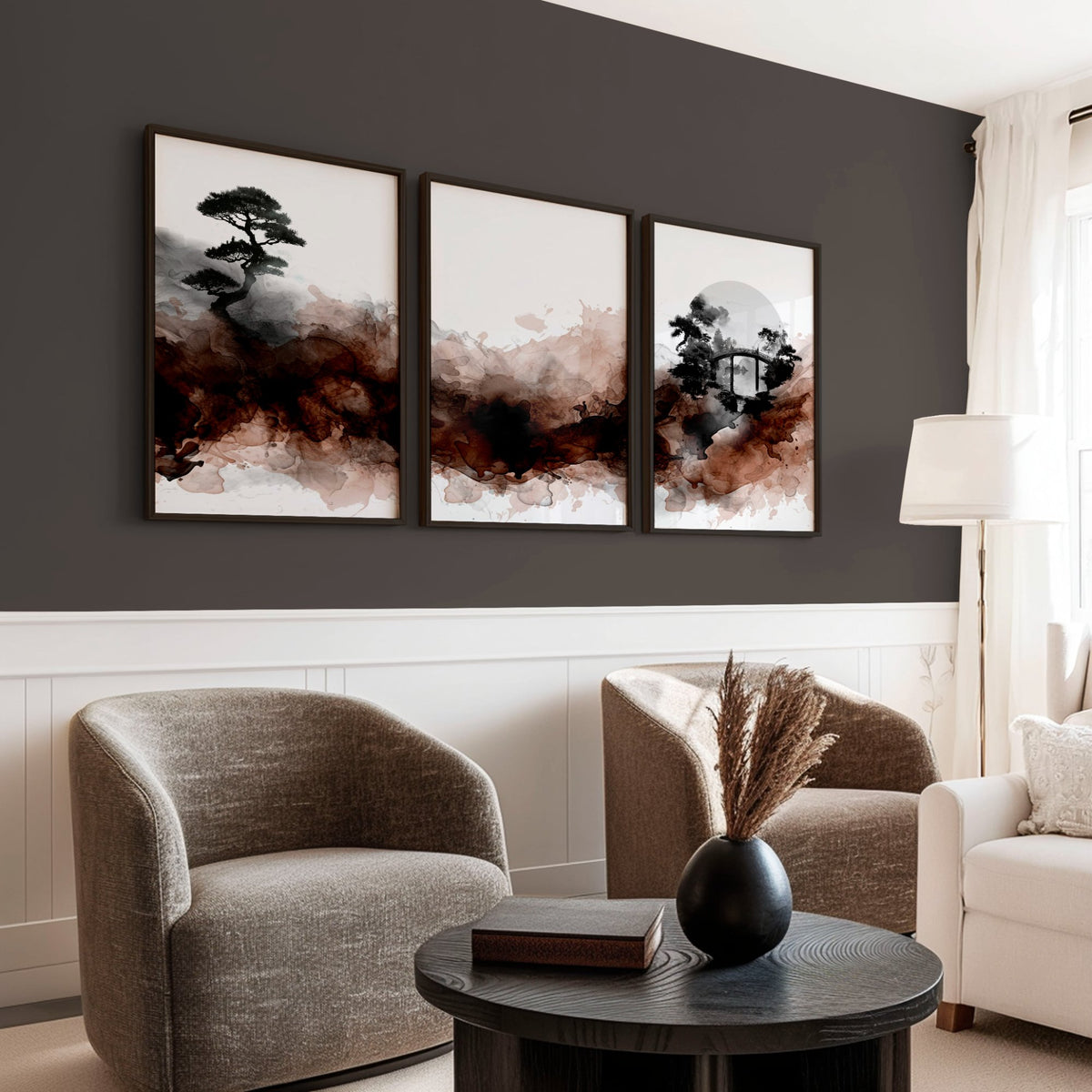Japandi Japanese Ink Wash Wall Art Canvas for Living Room | Bonsai, Bridge & Moon Brown Tones displayed on a wall in a styled room — view 2