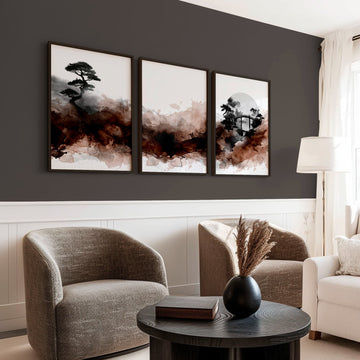 Japandi Japanese Ink Wash Wall Art Canvas for Living Room | Bonsai, Bridge & Moon Brown Tones displayed on a wall in a styled room — view 2