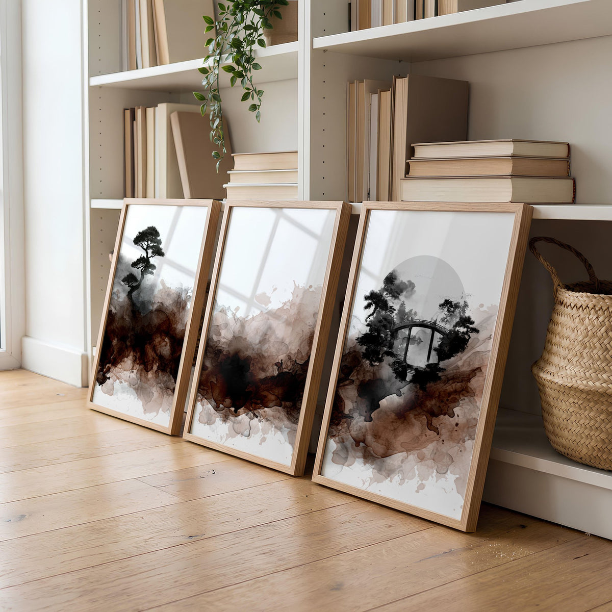 Japandi Japanese Ink Wash Wall Art Canvas for Living Room | Bonsai, Bridge & Moon Brown Tones displayed on a wall in a styled room — view 3