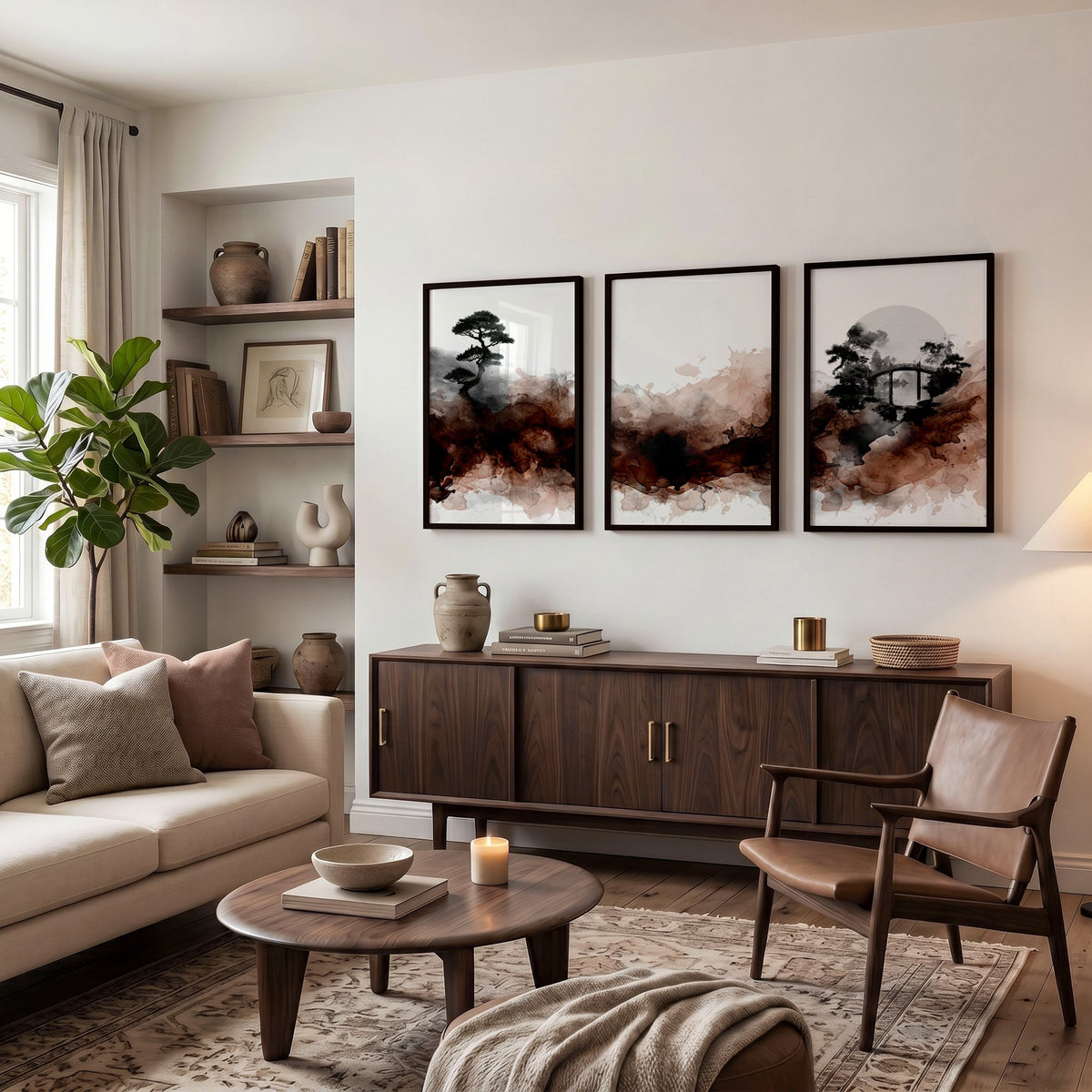 Japandi Japanese Ink Wash Wall Art Canvas for Living Room | Bonsai, Bridge & Moon Brown Tones displayed on a wall in a styled room — view 4