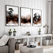 Japandi Japanese Ink Wash Wall Art Canvas for Living Room | Bonsai, Bridge & Moon Brown Tones displayed on a wall in a styled room — view 5