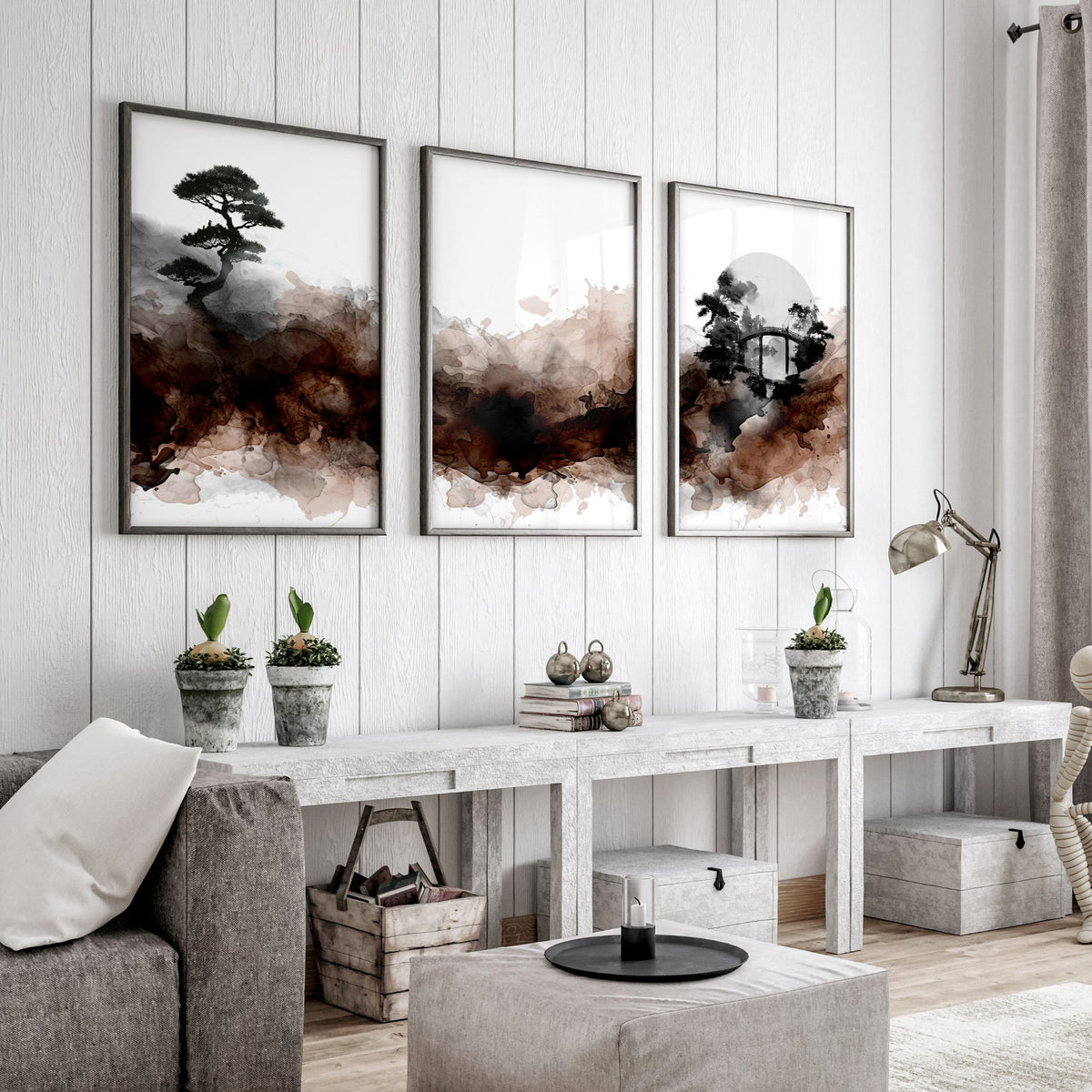 Japandi Japanese Ink Wash Wall Art Canvas for Living Room | Bonsai, Bridge & Moon Brown Tones displayed on a wall in a styled room — view 5