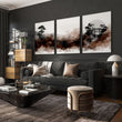 Japandi Japanese Ink Wash Wall Art Canvas for Living Room | Bonsai, Bridge & Moon Brown Tones displayed on a wall in a styled room — view 7