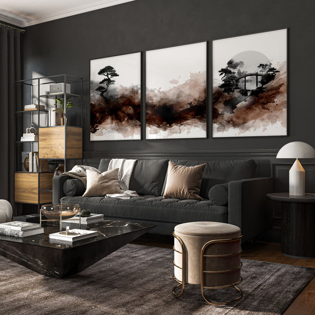 Japandi Japanese Ink Wash Wall Art Canvas for Living Room | Bonsai, Bridge & Moon Brown Tones displayed on a wall in a styled room — view 7