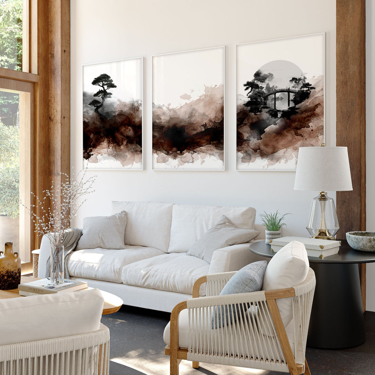Japandi Japanese Ink Wash Wall Art Canvas for Living Room | Bonsai, Bridge & Moon Brown Tones displayed on a wall in a styled room — view 8