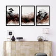 Japandi Japanese Ink Wash Wall Art Canvas for Living Room | Bonsai, Bridge & Moon Brown Tones displayed on a wall in a styled room — view 9