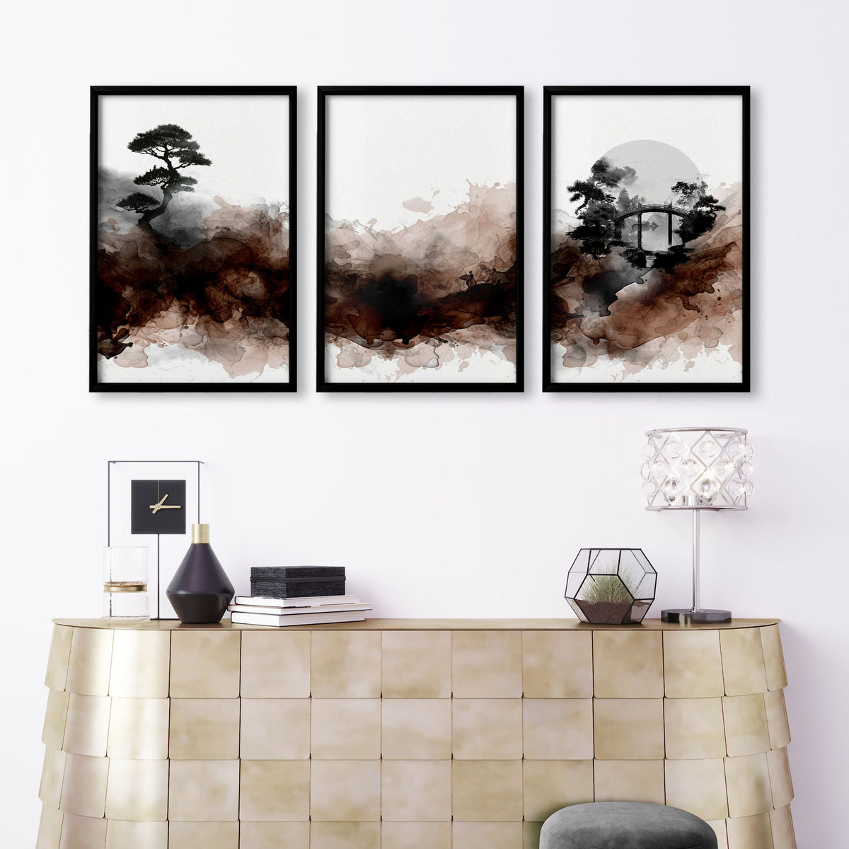 Japandi Japanese Ink Wash Wall Art Canvas for Living Room | Bonsai, Bridge & Moon Brown Tones displayed on a wall in a styled room — view 9