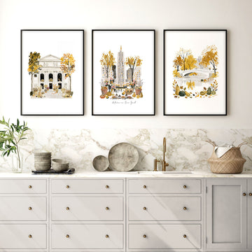 Wall Art Decor Kitchen "Autumn in New York" NYC Travel Watercolour wall art displayed on a wall in a styled room