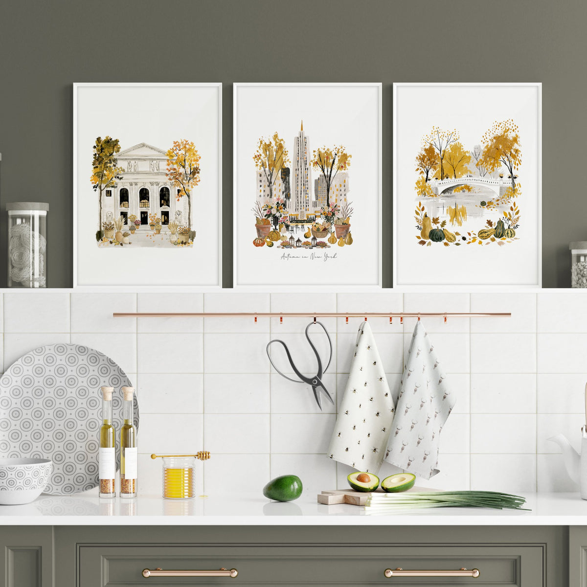 Wall Art Decor Kitchen "Autumn in New York" NYC Travel Watercolour wall art displayed on a wall in a styled room — view 2