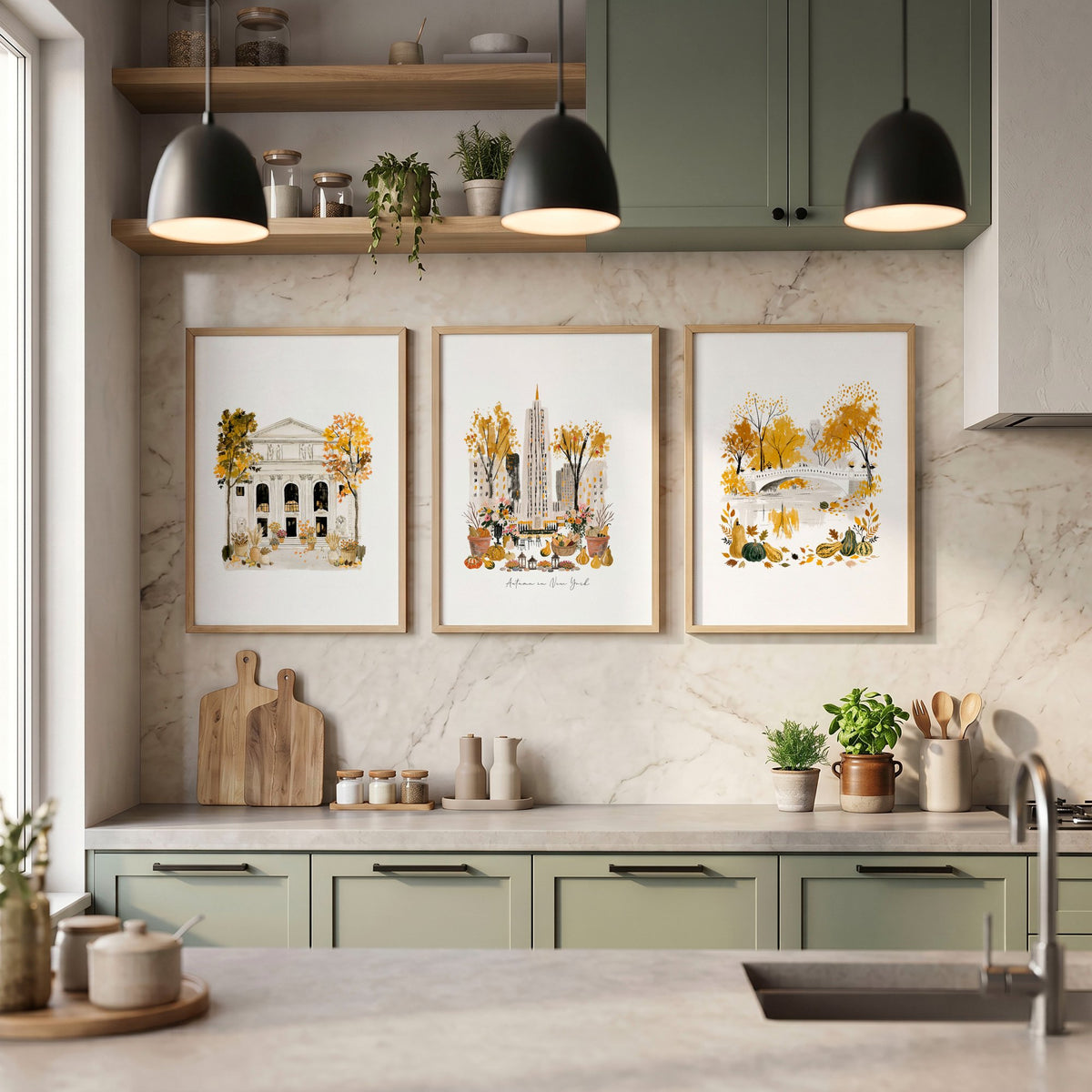 Wall Art Decor Kitchen "Autumn in New York" NYC Travel Watercolour wall art displayed on a wall in a styled room — view 3