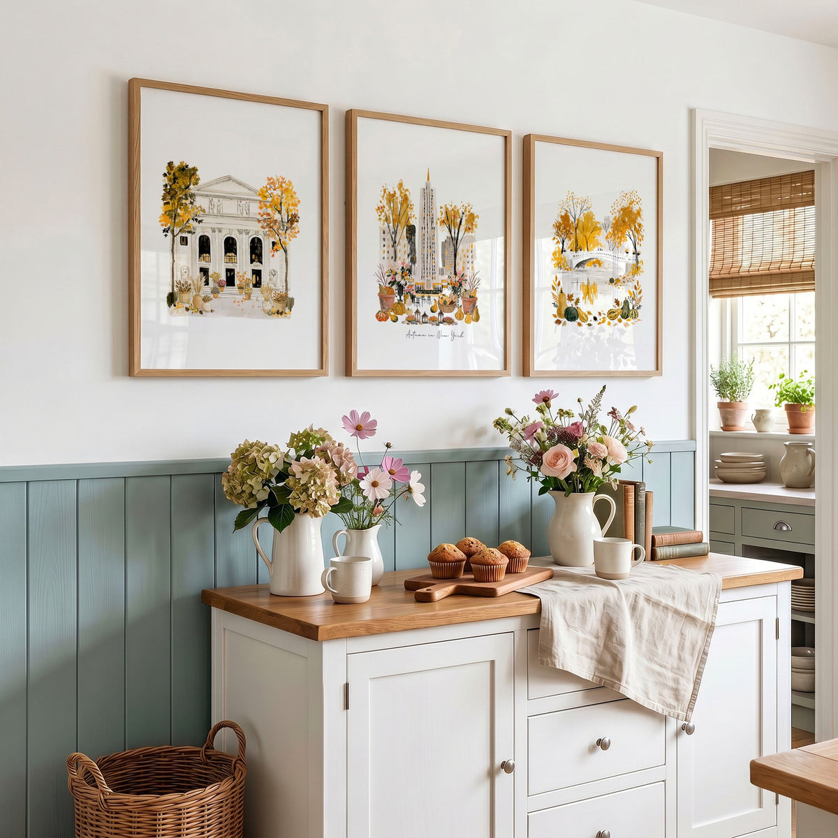 Wall Art Decor Kitchen "Autumn in New York" NYC Travel Watercolour wall art displayed on a wall in a styled room — view 4