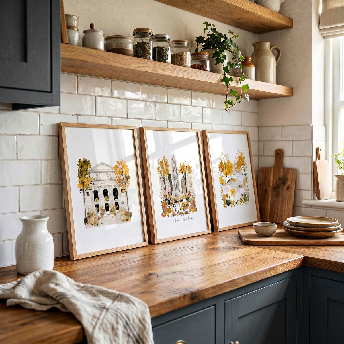Wall Art Decor Kitchen "Autumn in New York" NYC Travel Watercolour wall art displayed on a wall in a styled room — view 5