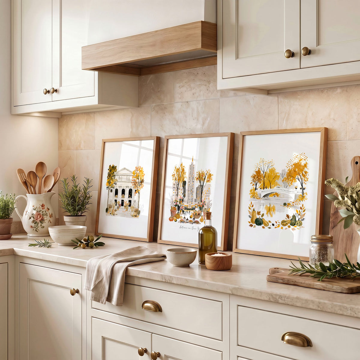 Wall Art Decor Kitchen "Autumn in New York" NYC Travel Watercolour wall art displayed on a wall in a styled room — view 6